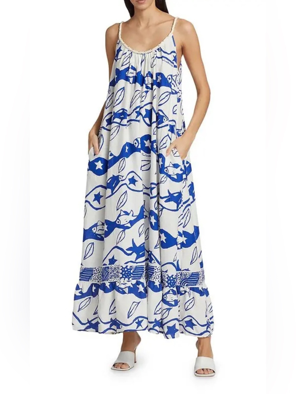 FARM Rio White Maxi Dress with Bold Blue Print